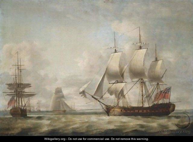 A 32-Gun Frigate Taking In Sail And Other Shipping Off The Coast - Thomas Luny