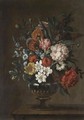 A Still Life With A Bouquet Of Flowers In A Glass Vase On A Stone Ledge - (after) Jean-Baptiste Monnoyer
