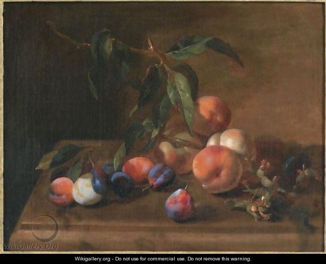 A Still Life With Peaches, Plums And Hazelnuts On A Wooden Table - (after) Jacques Charles Oudry