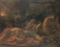 A Nocturnal Landscape With Three Figures Sleeping Beside A Fire - Venetian School
