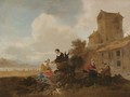 A River Landscape With Vegetable Sellers In The Foreground With A Donkey - Hendrik Mommers