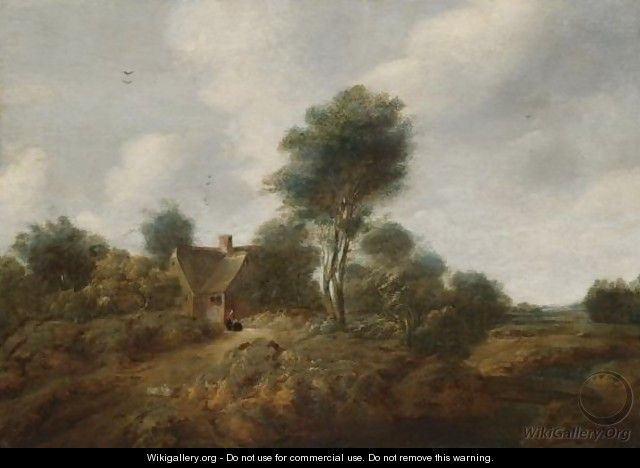 A Wooded Landscape With Figures Before A Cottage - Cornelis van Zwieten