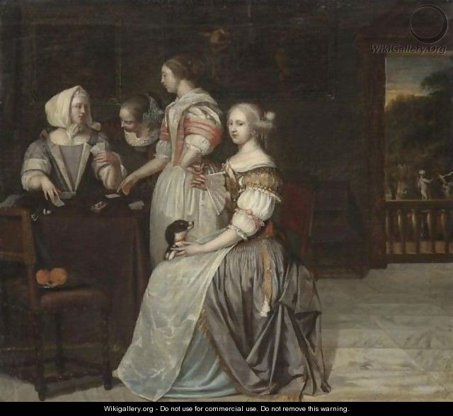 An Interior With A Company Of Elegant Ladies Playing Cards, A Balustrade With A Landscape Beyond - (after) Eglon Van Der Neer