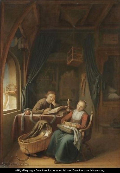 An Interior With A Man Reading, His Wife Snoozing In A Chair Beside Him - Pieter Cornelisz Van Egmondt