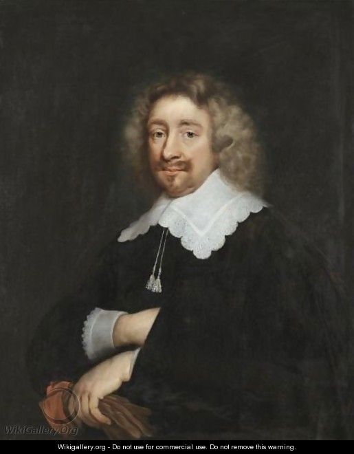 Portrait Of A Man, Half Length, Wearing A Black Tunic With Embroidered Collar And Cuffs, Holding A Pair Of Gloves - (after) Abraham De Vries