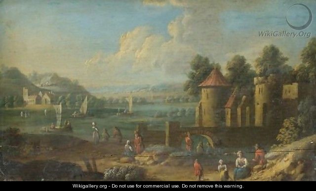 An Extensive River Landscape With Figures Resting By A Fortification In The Foreground - Marc Baets