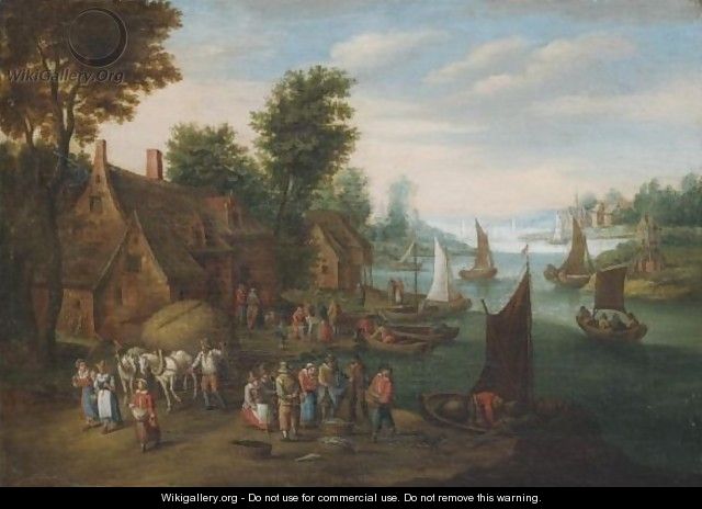 A River Landscape With Fisherman Unloading Their Catch Near A Village - (after) Jan The Elder Brueghel