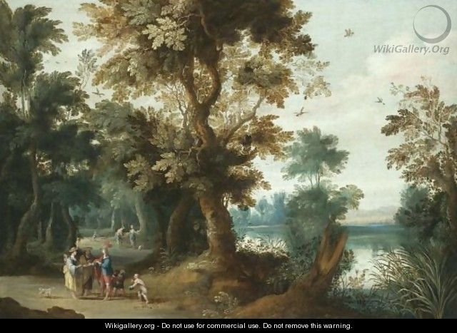 A Wooded River Landscape With Elegant Figures Having Their Fortune Told - (after) Jasper Van Der Laanen