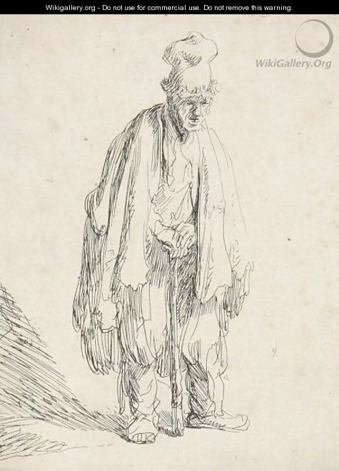 Beggar In A High Cap, Standing And Leaning On A Stick - Rembrandt Van Rijn