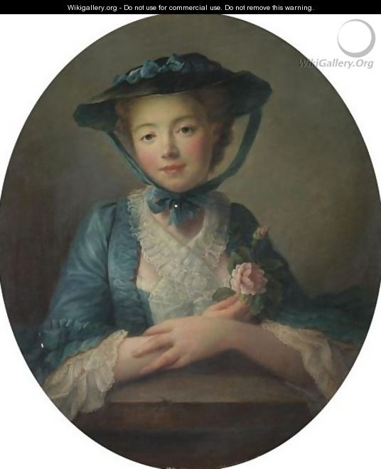 Portrait Of A Young Girl, Half Length, In A Blue Dress And Hat, Holding Roses - (after) Franois-Hubert Drouais