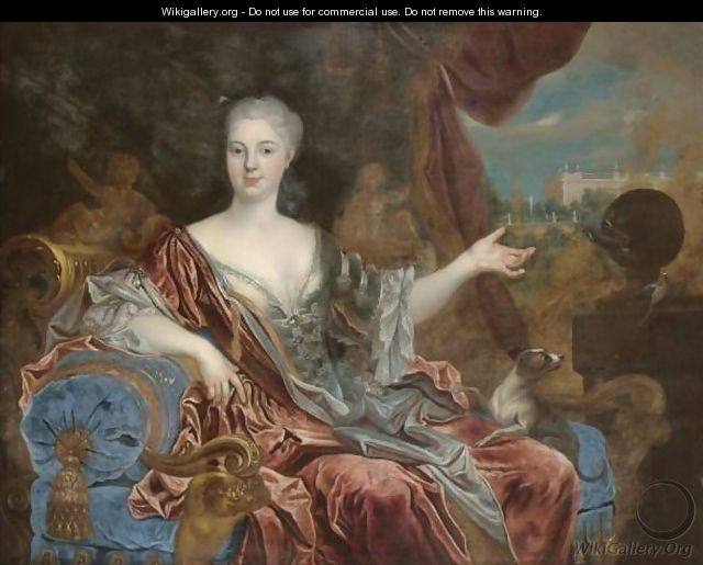 Portrait Of A Lady, Three-Quarter Length, Wearing A Blue Silk Dress With Lace Trim And A Red Shawl, Seated On A Blue Chaise Longue - (after) Nicolas De Largillierre