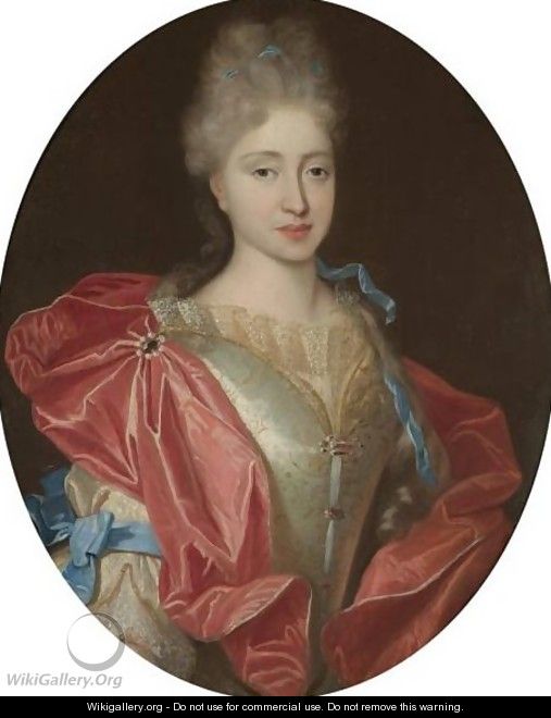 Portrait Of A Lady, Half Length, In A White Embroidered Silk Dress With Blue Ribbons And A Red Silk Wrap - (after) Largilliere, Nicholas de