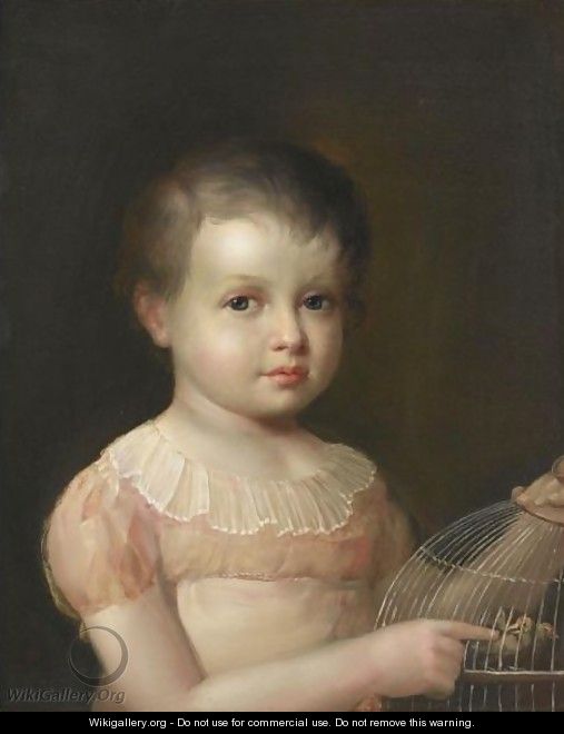 Portrait Of A Young Girl, Half Length, Holding A Caged Bird - Spanish School