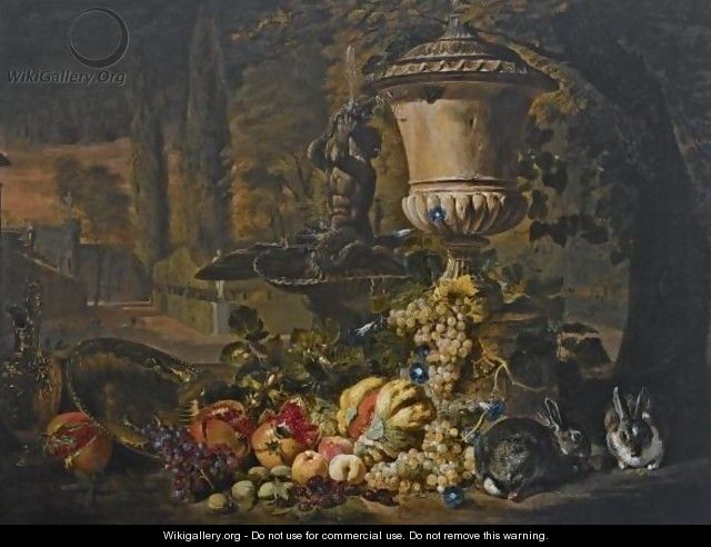 A Still Life Of Fruit, Including A Melon, Open Pomegranates And Grapes, An Ornamental Urn - David de Coninck