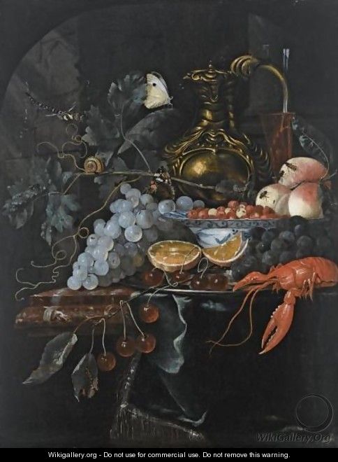 A Still Life With Grapes, Strawberries In A Porcelain Bowl, Peaches, A Silver-Gilt Jug - (after) Willem Van Aelst