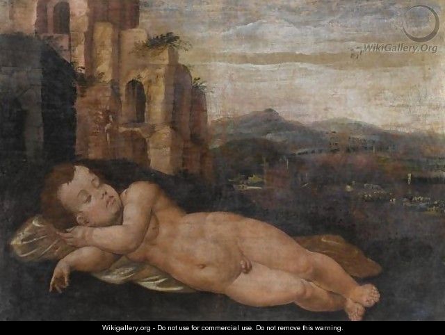 Sleeping Cupid In A Landscape With Classical Ruins - (after) Jan Van Scorel