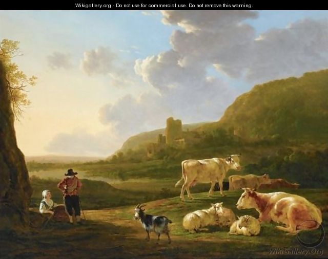 A Southern River Landscape With Shepherds Resting With Their Herd, A View Of A Ruin Beyond - Jacob van Strij