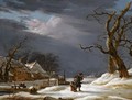 A Winter Landscape With A Man And A Child Walking Through The Snow Near A Farmhouse - Jacob van Strij