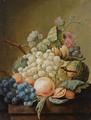 A Still Life With White And Blue Grapes, Peaches, A Pumpkin And A Walnut, All On A Wooden Ledge - Cornelis Johannes Schaalje