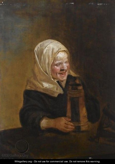 A Young Girl Sitting At A Table, Holding A Beer Mug - (after) Frans Hals