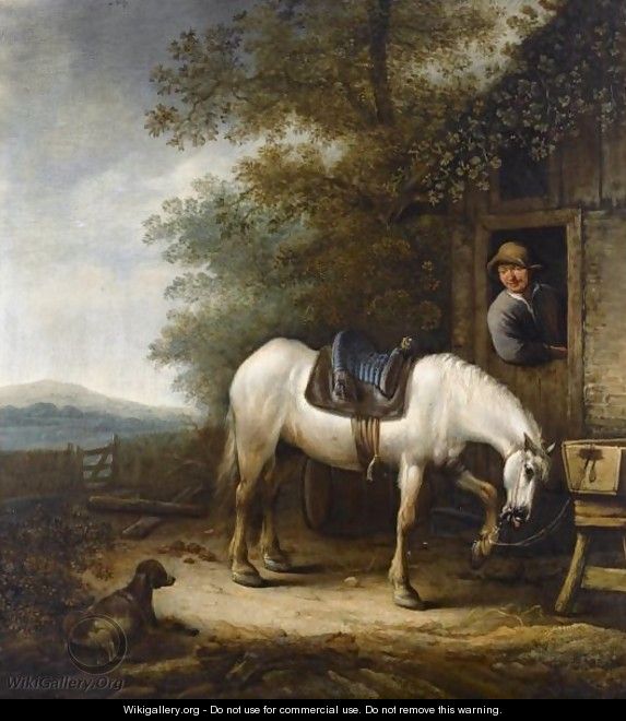 A Horse Near A Barn, With A Horseman Standing In The Doorway, A Dog In The Foreground - Haarlem School