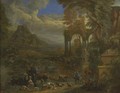 A Southern Landscape With Travellers Resting On A Path With Their Herd And Camels Near Antique Ruins - Pieter Rijsbraeck