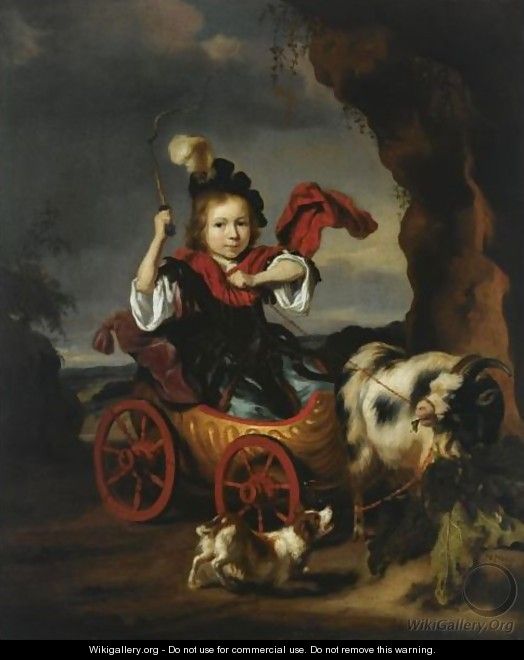 A Young Boy In Classical Dress In A Goat-Drawn Chariot, Together With A Dog In A Landscape - Nicolaes Maes