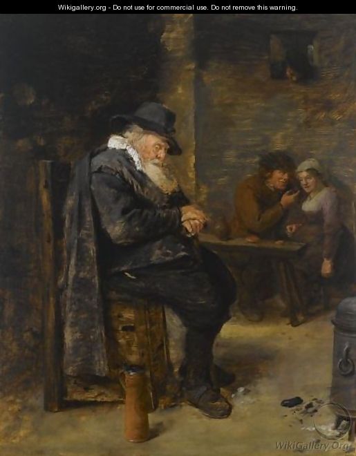 An Elderly Man Sleeping In An Inn With An Amorous Couple In The Background - Adriaen Brouwer