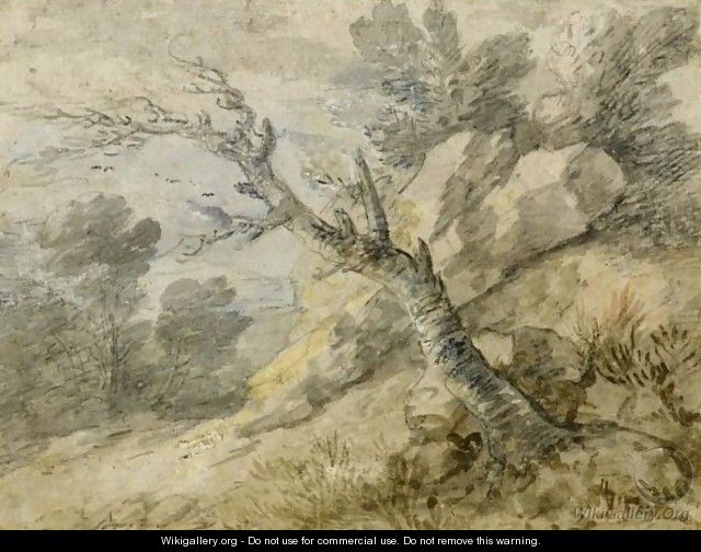 Wooded Landscape With Rocks And Tree Stump - Thomas Gainsborough