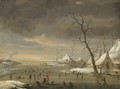 An Extensive Winter Landscape With Skaters On A Frozen River - Jan Abrahamsz. Beerstraaten