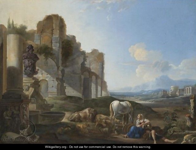 Italian Landscape With A Shepherdess And Ruins - Anthonie Goubau