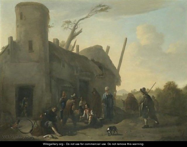 An Outdoor Scene With Peasants Gambling Outside An Inn - (after) Jan Miel