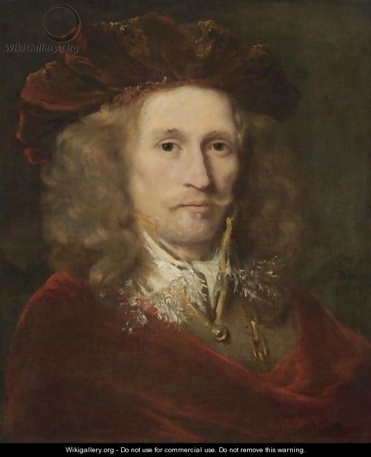 Portrait Of A Gentleman, Head And Shoulders, Wearing A Red Embroidered Cap, A Brown Doublet And A Red Cloak - Ferdinand Bol