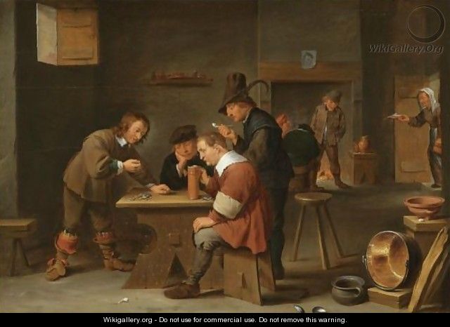 A Tavern Interior With Peasants Drinking, Smoking And Gambling - (after) David The Younger Teniers