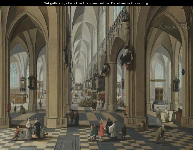 A Church Interior With Elegant Figures Strolling And Figures Attending Mass - Pieter the Elder Neefs