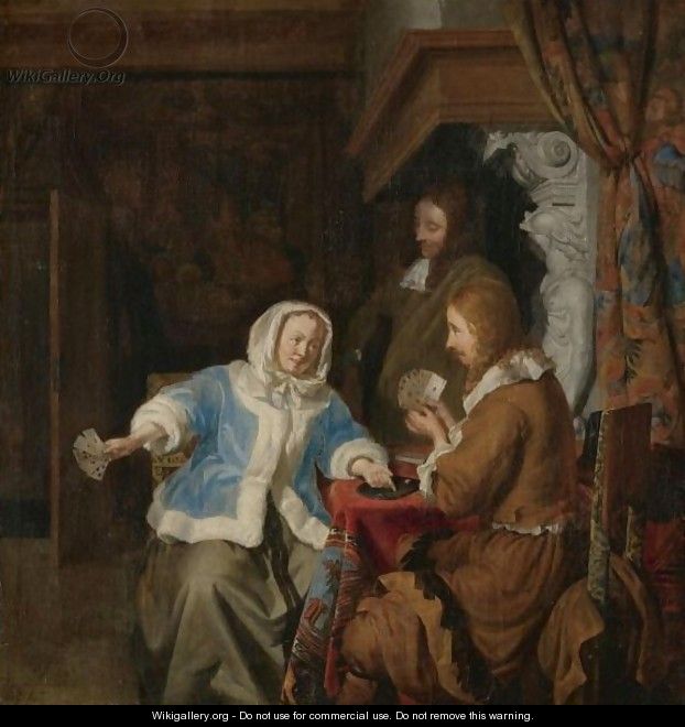 A Couple Playing Cards In An Interior, Observed By A Second Man - Joost Van Geel