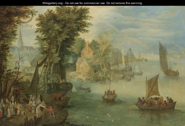 River Landscape With Figures On A Quay Before A Town - (after) Jan The Elder Brueghel