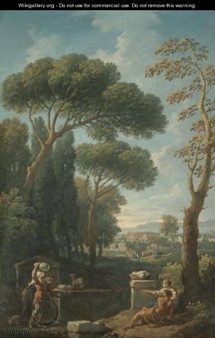 A Capriccio View Of Rome With Figures Resting In The Foreground, The Colosseum Beyond - Jan Frans van Orizzonte (see Bloemen)