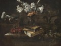 Still Life With A Vase Of Lilies In A Glass Vase Resting On A Pile Of Books, A Bunch Of Wild Strawberries And Some Asparagus - Roman School
