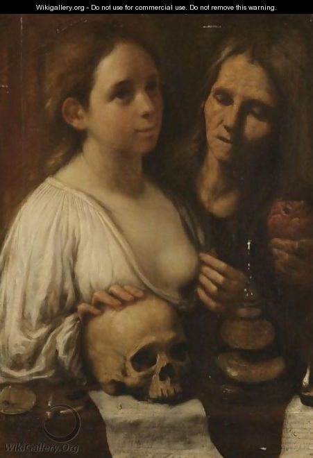 An Allegorical Vanitas Scene, With Envy Standing Behind A Young Lady Who Rests Her Hand On A Skull - North-Italian School