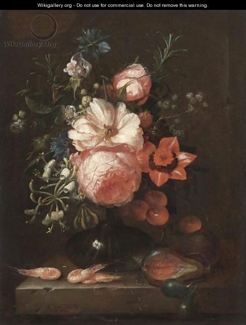 A Still Life With Roses, Honeysuckle, Other Flowers And Summer Fruits In A Glass Vase, Shrimps On The Stone Ledge Below - Joris Van Son