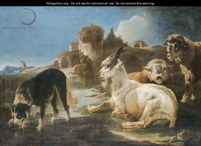 Two Sheep And A Goat, With A Dog Drinking From A Pool Before A Ruin - Philipp Peter Roos