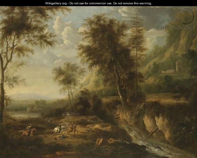 A Military Skirmish In An Expansive Wooded River Landscape - Frederick De Moucheron