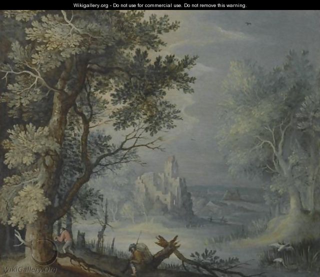 A Wooded Landscape With A Fortified Settlement In The Distance And Figures In The Foreground - (after) Roelandt Jacobsz Savery