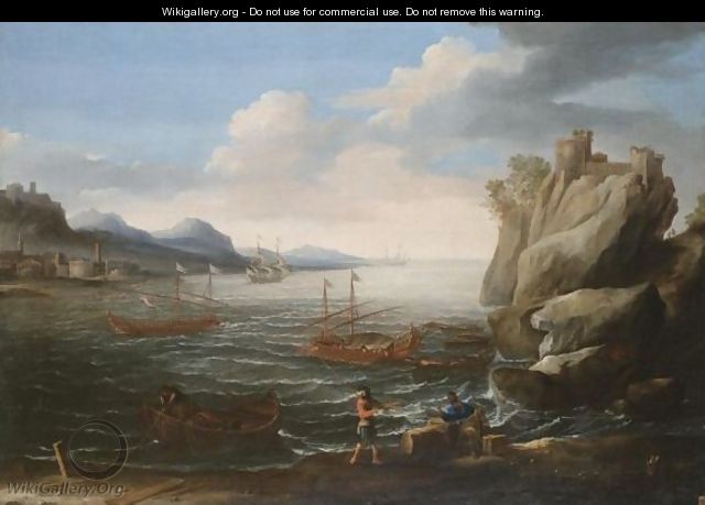 A Mediterranean Coastal Scene With Figures On The Shore In The Foreground - Roman School
