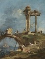A Capriccio View Of A Ruined Temple Near A Bridge, Figures On The River Bank In The Foreground - Francesco Guardi