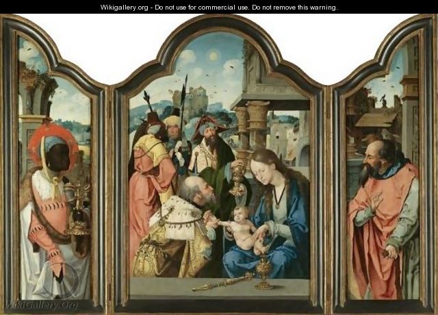Triptych - Central Panel The Adoration Of The Magi - Left Inside Wing One Of The Magi, Balthasar - Right Inside Wing Saint Joseph - Belgian Unknown Masters