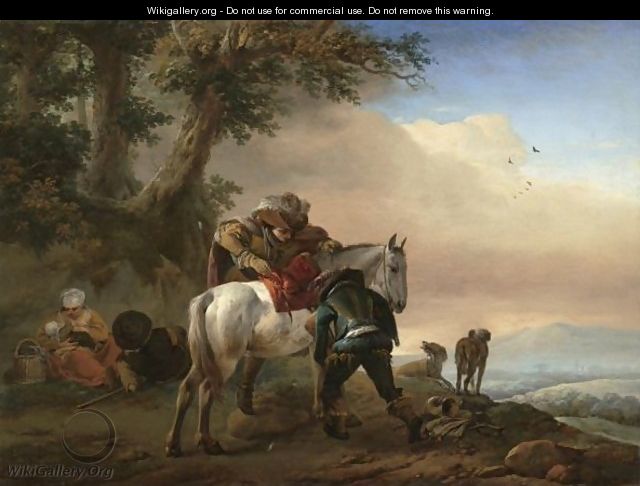A Huntsman Saddling His Horse, An Extensive Landscape Beyond - Philips Wouwerman