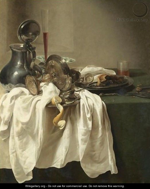 A Still Life With A Pewter Jug And An Overturned Tazza, A Porcelain Bowl, Wine Glass - Jan Jansz. den Uyl