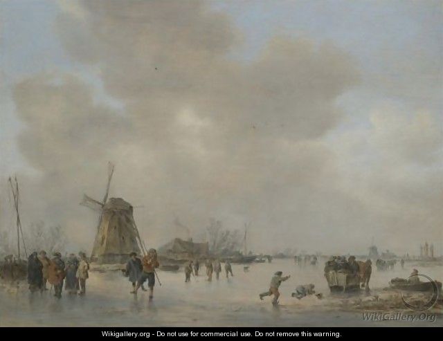 Winter Landscape With Skaters And Golfers On A Frozen River Near A Windmill - Jan van Goyen